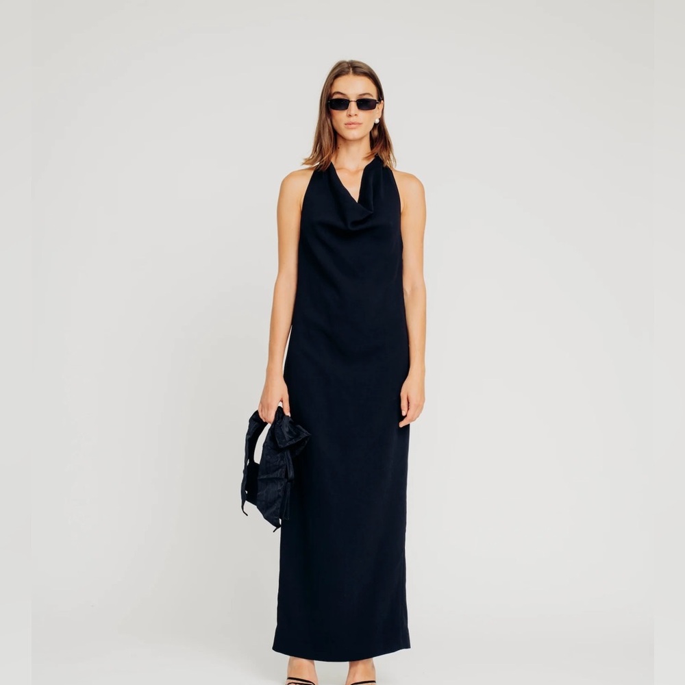 RONNY KOBO Black Halter Neck Maxi Dress With Slit Size M